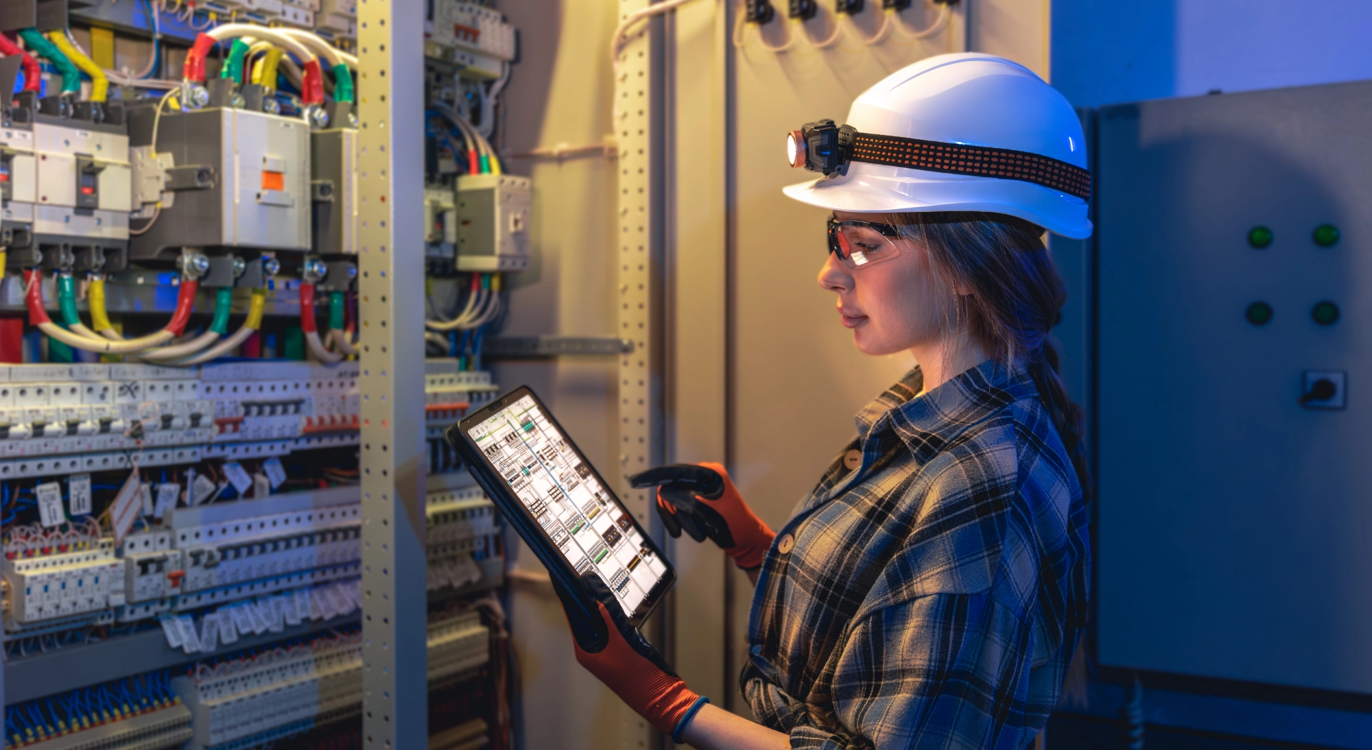 Electrician looking at a tablet